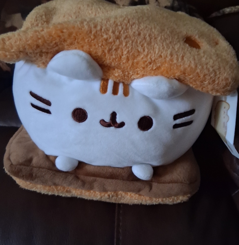 Gund White Cat Plush with Orange Hood and Brown Base